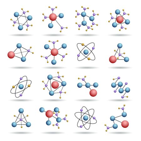 Colourful 3d molecules structures. Atom connects icons for medical science illustrations, molecular bonds templates, abstract cell communications, vector illustrationのイラスト素材