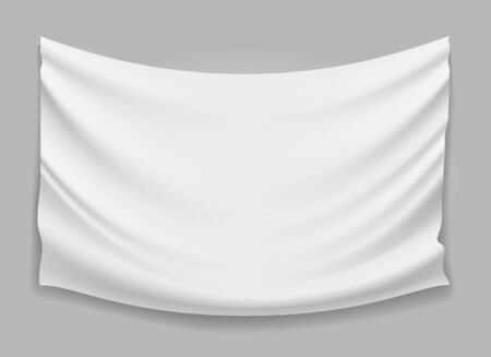 Blank white folded fabric flag banner. Vector rippled cloth texture sheet isolated, whiteness hanging cotton textile canvas graphics imageのイラスト素材