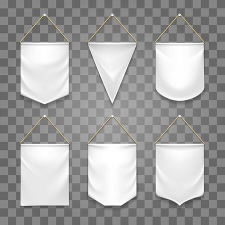 Blank white pennant set. Different shape textile pennant banners set on transparent background, empty vertical realistic hanging flags or trophy fabric symbols vector illustrationのイラスト素材