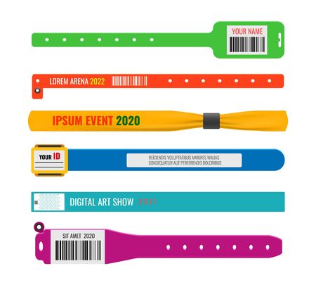 Festival party event wristbands. Various Shape of wristbannd and bracelet set, wrist entrance event access bands, vector plastic or rubber entertainment member hand band setのイラスト素材