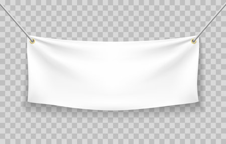 Blank fabric banner. Vector textile canvas banners mockup, fabrics texture white folding empty horizontal advertisement template isolated on transparent backgroundのイラスト素材