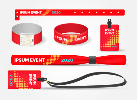 Template entrance bracelets and badges. Branded event or festival fan ticket vector elements mockup, branding wristband or wristlet and party invitation passing plastic tags cardsのイラスト素材