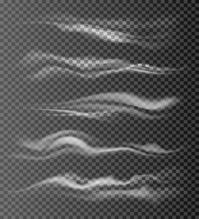 Realistic air flow waves. Wind effects, abstract gas or perfume spread streams, vector magic smoke or fog flames isolated on transparent backgroundのイラスト素材