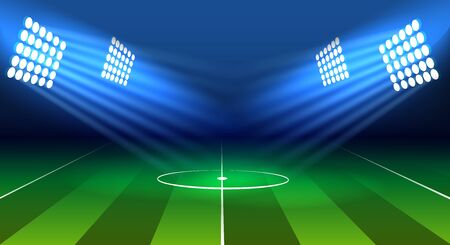 Soccer lamp stadium. Football green field, bright lamps lights and dark blue sky vector illustration, projectors lighting over footballs gaming arena, international ball game backgroundのイラスト素材