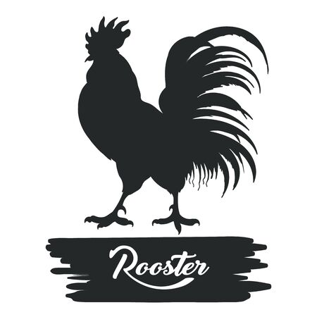 Rooster chicken emblem. Chicken farm vintage market sign, hand drawn cock vector illustration, roosters farmer silhouette logo isolated on white backgroundのイラスト素材