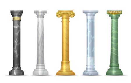 Marble antique column set. Realistic architecture columns, vector ancient style architectural marmoreal stone decoration classic pillars isolated on white backgroundのイラスト素材