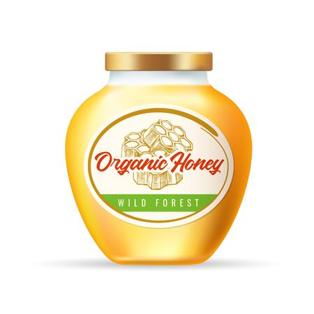 Jar of honey. Cartoon pot with liquid organic orange sweet food, label with logo on bottle, vector illustration isolated on white backgroundのイラスト素材