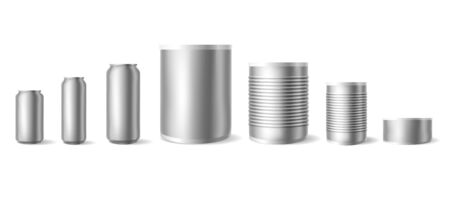 Realistic tin cans. Mockups of empty metallic cylinders, cylindrical container for food or drink, vector illustration of aluminium smooth and ribbed cans isolated on white backgroundのイラスト素材