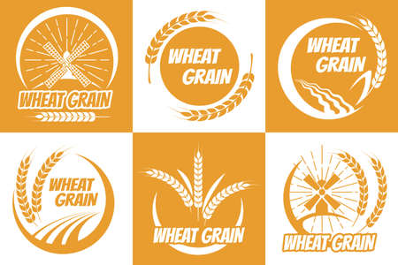Wheat grain emblem set. Concept of natural organic grained healthy breakfast, harvest barley on fields for baking loaf or cake, golden insignia of agriculture on farms in autumnのイラスト素材