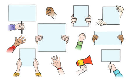 Hands hold protesters banners. Cartoon empty flat posters for protest, concept of peace sign, vector illustration elements of conflict, political revolution isolated on white backgroundのイラスト素材