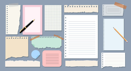 Sheets of copybook for notes. Colourful blank labels for posts, ripped pages for memories, vector...