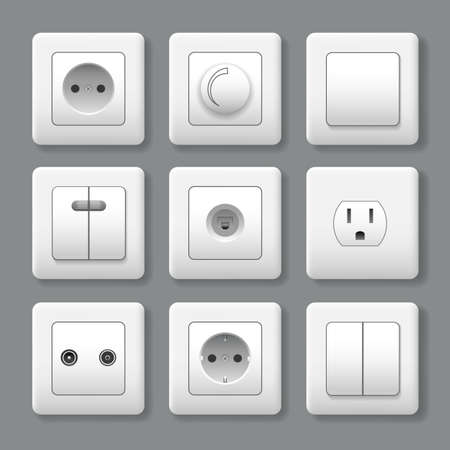 Realistic electric switches and sockets. Power sockets to control electricity, 3d switch icons, vector illustration of plastic wall objects for connecting plugsのイラスト素材