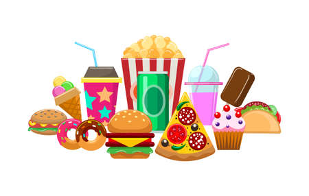 Colorful elements of fast food. Cartoon pictures of fries, snacks and hamburgers, variety meal for fastfood, vector illustration of elements of lunch isolated on white backgroundのイラスト素材