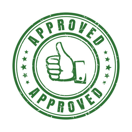 Approve stamp with thumb. Hand and text Approved on seal badge and quality best guaranteed label minimalist vector signのイラスト素材