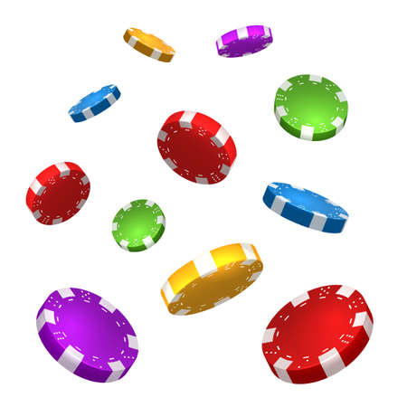 Falling poker chips. Realistic gaming coins for online risky sport, plastic gambling symbols, vector illustration of flying tokens for poker or roulette isolated on white backgroundのイラスト素材