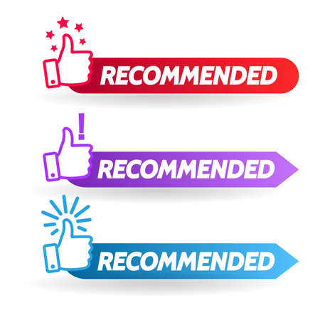 Thumb up banner set. Symbol of recommendation for great deals, best stylish logo of premium qualities, vector illustration logo for service brand isolated on white backgroundのイラスト素材