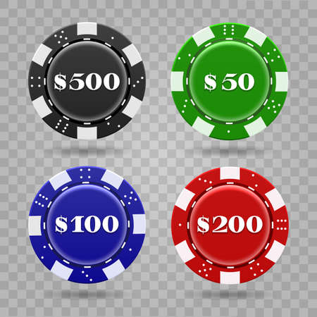 Casino chips on transparent background. Realistic plastic tokens for poker or roulette, symbol of gambling, vector illustration of gaming coins for online risky sportのイラスト素材