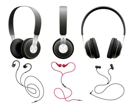 Isolated black earbuds. Headphones objects on white, professional gaming headset and wireless earphones accessories for entertainment, mobile and radio vector illustrationのイラスト素材