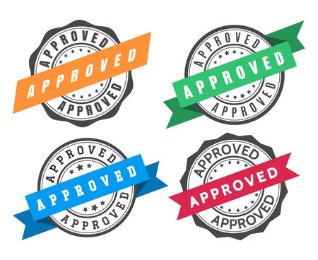 Stamp to approve with ribbon. Template set for high quality sealing, vector illustration of best stylish labels for certify deals isolated on white backgroundのイラスト素材