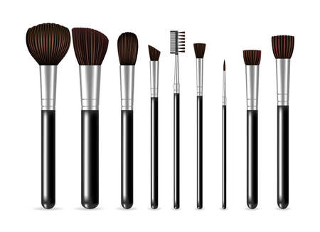 Make up brushes. Professional cosmetics objects vector illustration, face skin fashion brush applicator set for artistic makeupのイラスト素材