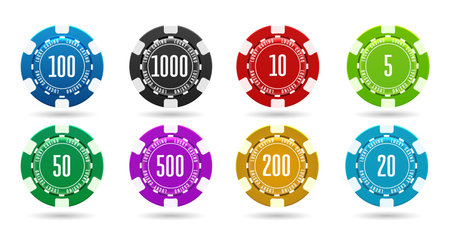 Casino betting chips. Poker plastic token vector set, betting chip coins isolated on white background, game money itemsのイラスト素材