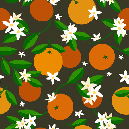 Orange fruits leaves flowers pattern.のイラスト素材