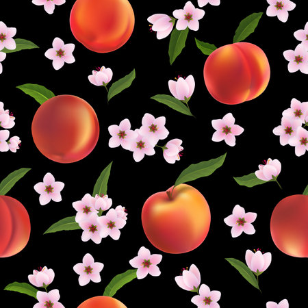 Peaches fruits black patternのイラスト素材