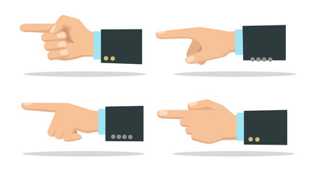 Hands pointers flat icons. Human pointing hand icon set, businessman index choosing indication direction fingers isolated vector illustrationのイラスト素材