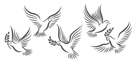 Flying doves sketch. Heaven dove with olive branch outline graphics, monochrome silhouettes of flying pigeon symbols of peace collection isolated vector illustrationのイラスト素材