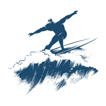 Surfer rides big wave sketch. Man on surfboard on pick of tide wave hand drawn navy blue engraving isolated vector illustrationのイラスト素材