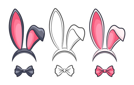 Outline rabbit ears and bow-ties set. Easter black and white bunny headband mask and festive bow tie isolated vector illustrationのイラスト素材