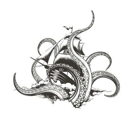 Giant octopus catches sail shipのイラスト素材