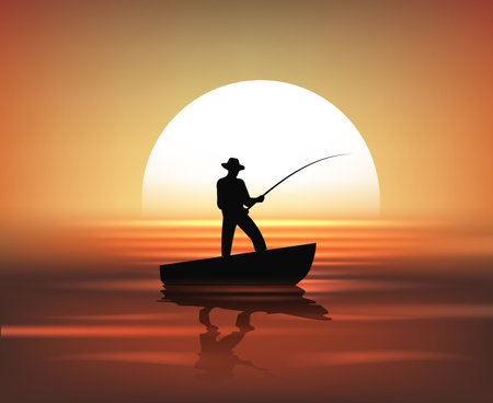 Fishing sunset backgroundのイラスト素材