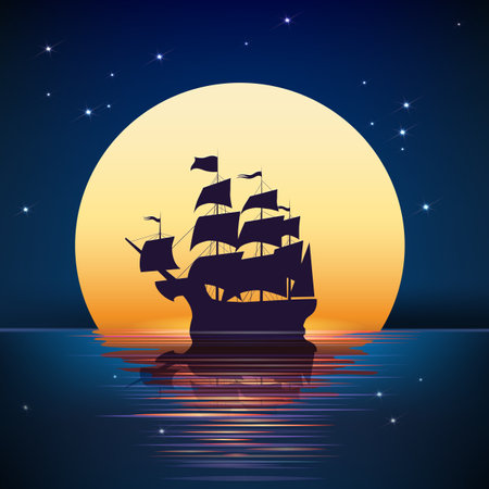 Vintage sailboat on moon backgroundのイラスト素材