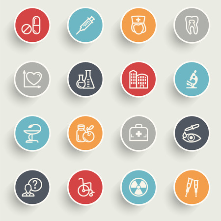 Medicine icons with color buttons on gray background.のイラスト素材
