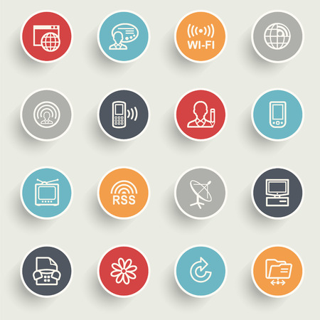 Communication icons with color buttons on gray background.のイラスト素材