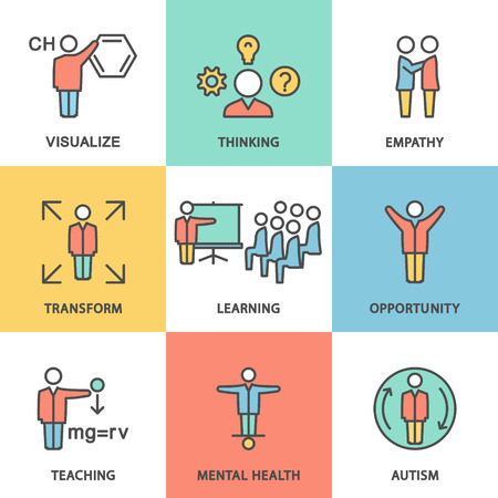 Icons showing the kinds of mental activity: visualization, thoughts, sympathy, transformation, training opportunities, mental health, autism.のイラスト素材