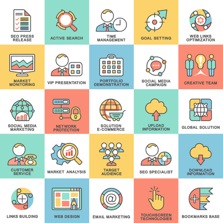Modern SEO contour icons of web optimization, marketing, management and design. The thin contour lines with color fills.のイラスト素材