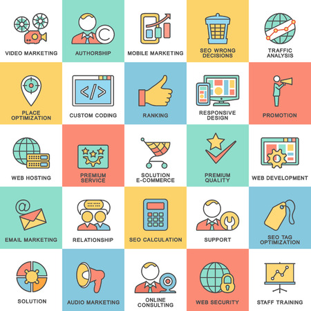 Modern SEO contour icons for web marketing optimization and customer service. The thin contour lines with color fills.のイラスト素材