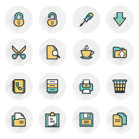 Office icons. Contour lines with color fills. Flat design.のイラスト素材