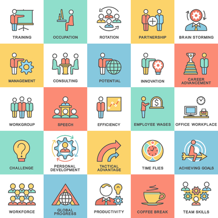 Icons corporate governance, business training. Teamwork and advice. The thin contour lines with color fills.のイラスト素材
