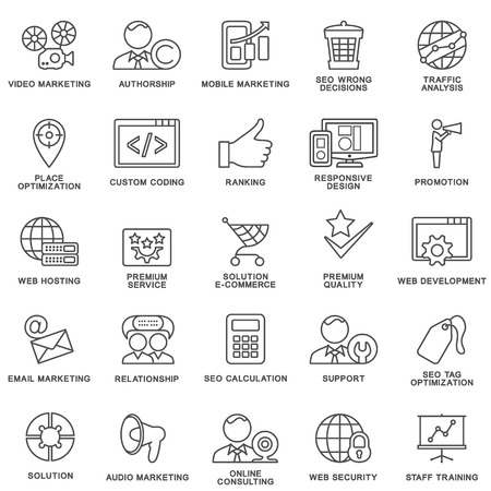 Modern SEO contour icons for web marketing optimization and customer service.のイラスト素材