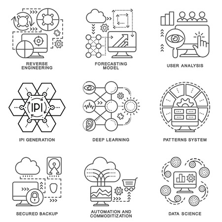 Modern contour icons database processing methods of data.  Data science, programming technology, deep learning algorithm. The thin contour lines.のイラスト素材