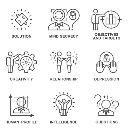 The collection icons human personality psychology. Mental abilities, behavior. Vector illustration concept. The thin contour line. Flat design web graphics elements.のイラスト素材