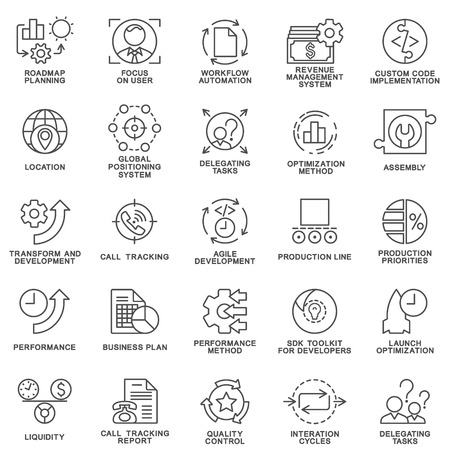 Icons set of production management. The thin contour lines.のイラスト素材