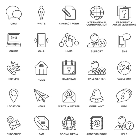 Icons contact us. Methods of communication with the contact center and information. The thin contour lines.のイラスト素材