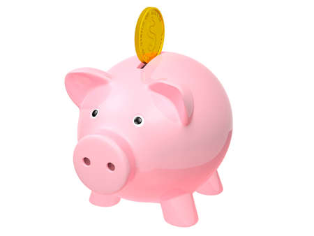 Pink piggy bank, with dollar coin falling into slot. Isolated on white.の写真素材