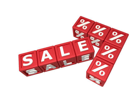 Red cubes with the words for sale and discount in the form of arrow. Three-dimensional image characterizes sale at a discount.の写真素材