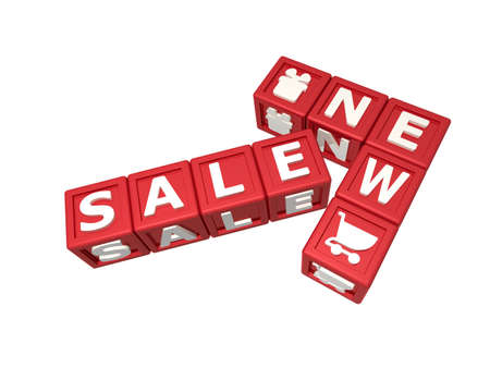 Red cubes with the words sale and a new in the form of arrow. Three-dimensional image for the sale of new goods.の写真素材