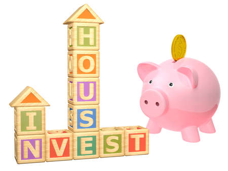 Piggy bank housing finance. Isolated on white. Pink piggy bank, with gold dollar coin and colored cubes.の写真素材